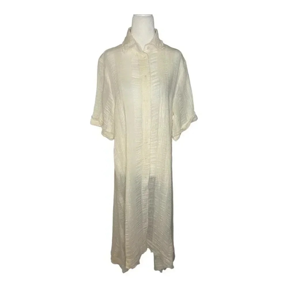 ZARA Textured Shirt Dress Cream Midi Button Down‎ Collared Size Medium NWT